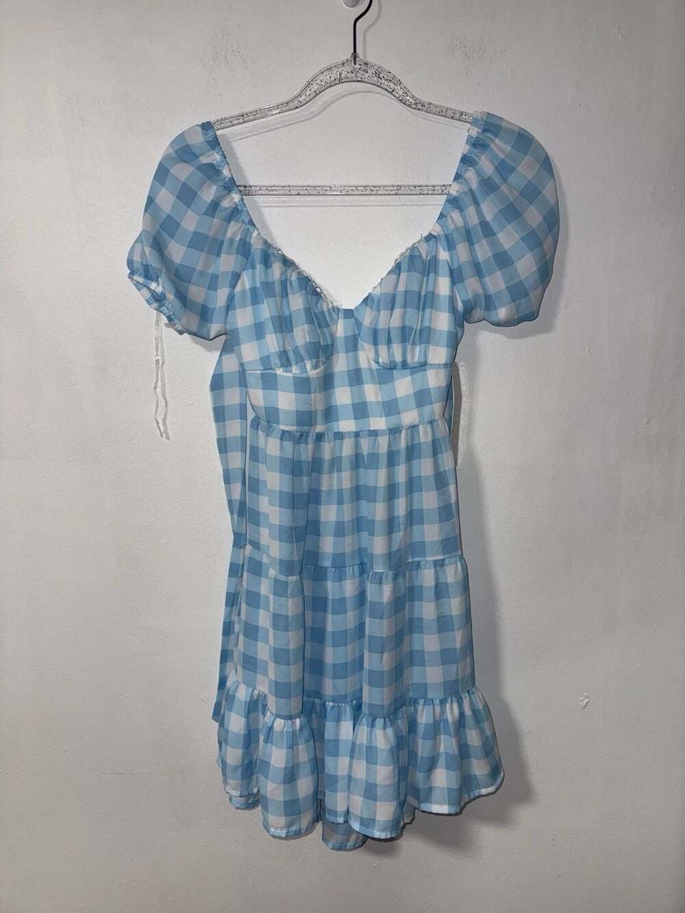 Almost Famous Blue and White Gingham Tiered Mini Dress with Open Back Bow